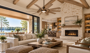 Large ceiling fan in a spacious living room with vaulted ceiling