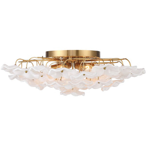 Astrid 22" Six Light Semi Flush, Aged Brass / White