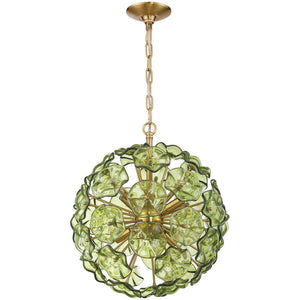 Astrid 18" Six Light Chandelier, Aged Brass / Green