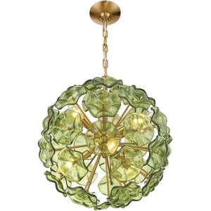 Astrid 18" Six Light Chandelier, Aged Brass / Green