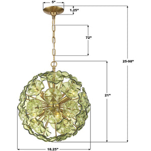 Astrid 18" Six Light Chandelier, Aged Brass / Green