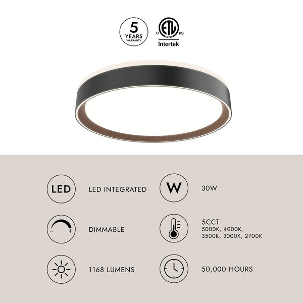 Aura 16" LED Flush Mount Ceiling Light, Black/Walnut