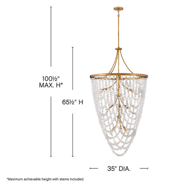 Myra 35" Twelve Lights Medium Chandelier, Distressed Brass