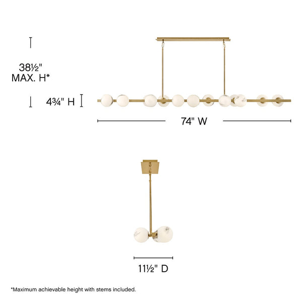 Selene 74" Fourteen Lights Large Linear, Lacquered Brass