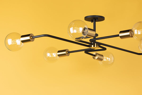 Aurael 40" Six Lights Semi Flush, Aged Brass / Textured Black Combo