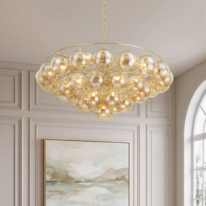 Mirox 31" Nine Lights Chandelier, Aged Brass / Swirl-Ribbed Glass