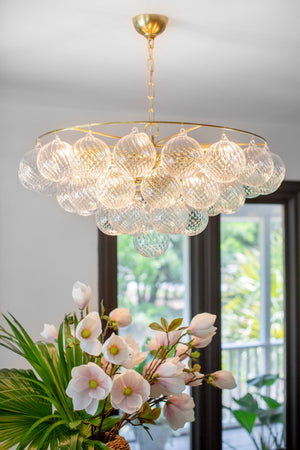 Mirox 31" Nine Lights Chandelier, Aged Brass / Swirl-Ribbed Glass