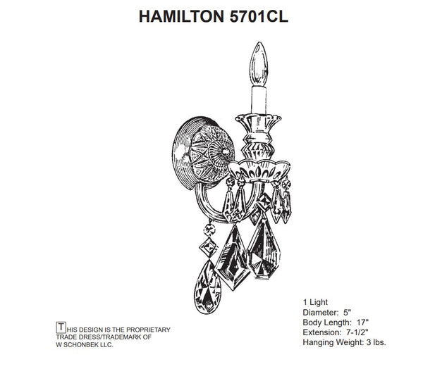 Hamilton 7.5'' One Light Wall Sconce, Silver with Clear Heritage Crystal