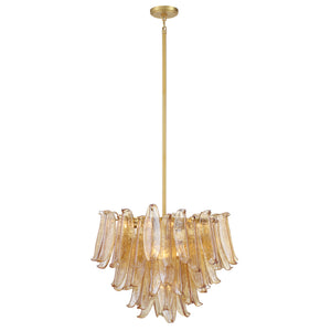 Crownwell 28" Thirteen Light Chandelier, Legacy Brass / Amber Crackled Glass