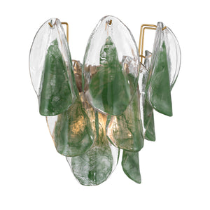 Belrose 13" Two Light Wall Sconce, Legacy Brass with Green and Clear