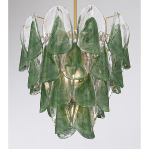 Belrose 18" Five Light Pendant, Legacy Brass with Green and Clear