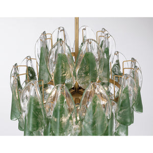 Belrose 18" Five Light Pendant, Legacy Brass with Green and Clear
