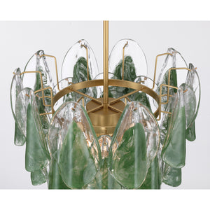 Belrose 18" Five Light Pendant, Legacy Brass with Green and Clear