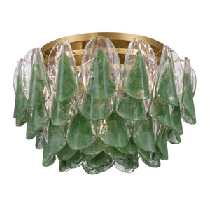 Belrose 24" Six Light Flush Mount, Legacy Brass with Green and Clear