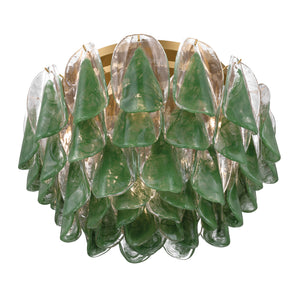 Belrose 24" Six Light Flush Mount, Legacy Brass with Green and Clear