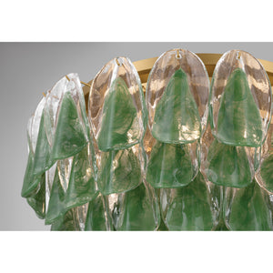 Belrose 24" Six Light Flush Mount, Legacy Brass with Green and Clear