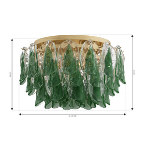 Belrose 24" Six Light Flush Mount, Legacy Brass with Green and Clear