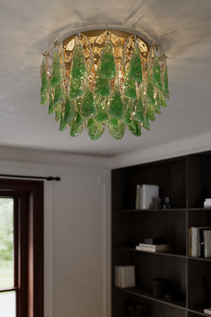 Belrose 24" Six Light Flush Mount, Legacy Brass with Green and Clear