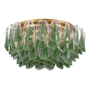 Belrose 31" Eleven Light Flush Mount, Legacy Brass with Green and Clear