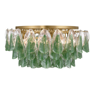 Belrose 31" Eleven Light Flush Mount, Legacy Brass with Green and Clear