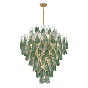 Belrose 33" Twenty One Light Pendant, Legacy Brass with Green and Clear