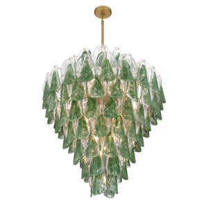 Belrose 33" Twenty One Light Pendant, Legacy Brass with Green and Clear