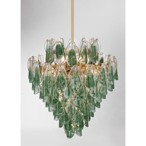 Belrose 33" Twenty One Light Pendant, Legacy Brass with Green and Clear