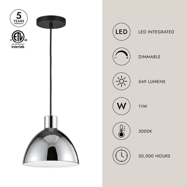 Lunara 9" LED Pendant Light, Chrome