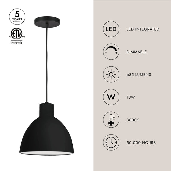 Lunara 12" LED Pendant Light, Black
