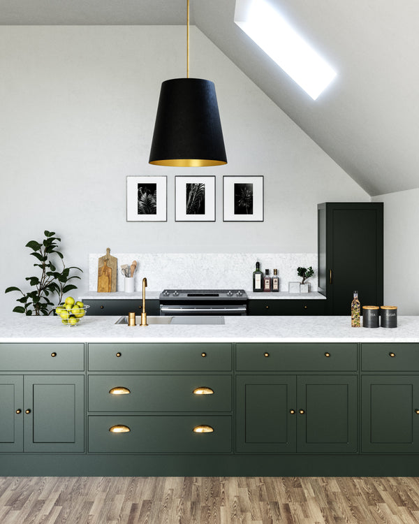 Madrigal 25" Three-Light Pendant, Black Linen With Gold Parchment/Vintage Brass