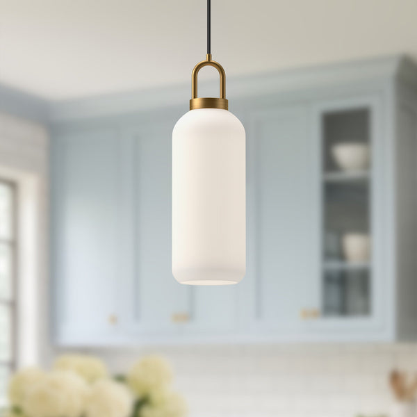 Emi 5" Pendant Light, Aged Gold/Opal Matte Glass