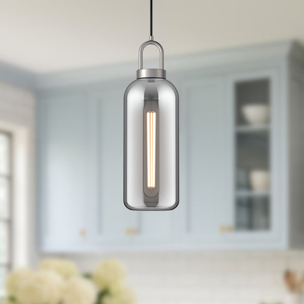 Emi 5" Pendant Light, Brushed Nickel/Smoked Solid Glass