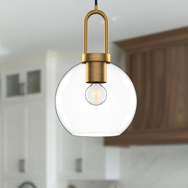 Groves 8" Orb Pendant, Aged Gold/Clear Glass