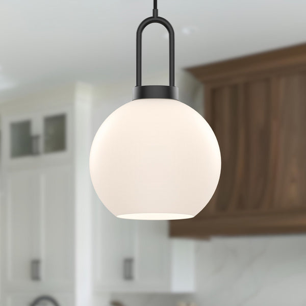 Groves 8" Orb Pendant, Matte Black/Opal Matte Glass