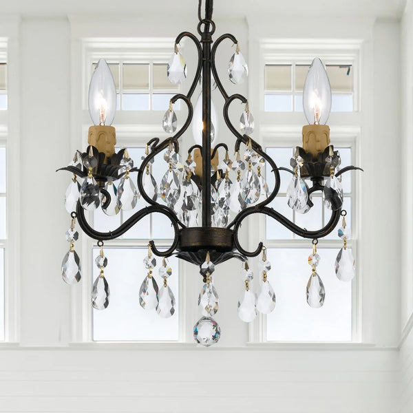 Maison Parisienne 13'' Three Light Hand Cut Crystal Mini Chandelier, Bronze