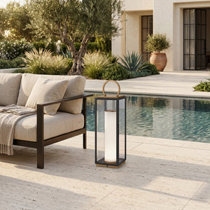 Corion 8" One Light Exterior Rechargeable Table Lamp, Patina Brass