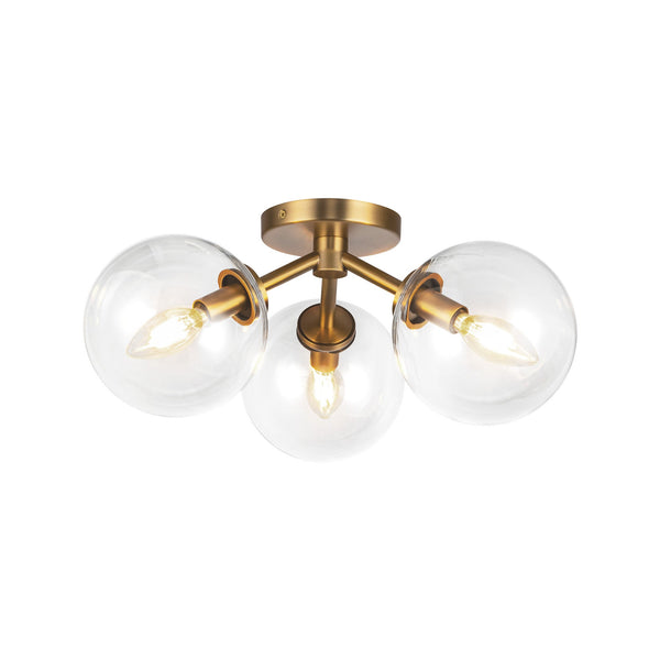 Venus 15" Three-Light Semi-Flush Ceiling Light, Aged Gold/Clear Glass