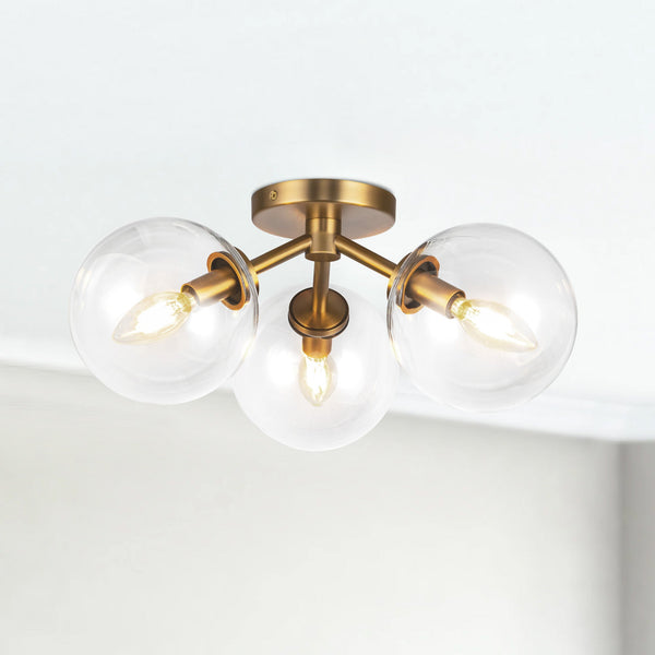Venus 15" Three-Light Semi-Flush Ceiling Light, Aged Gold/Clear Glass