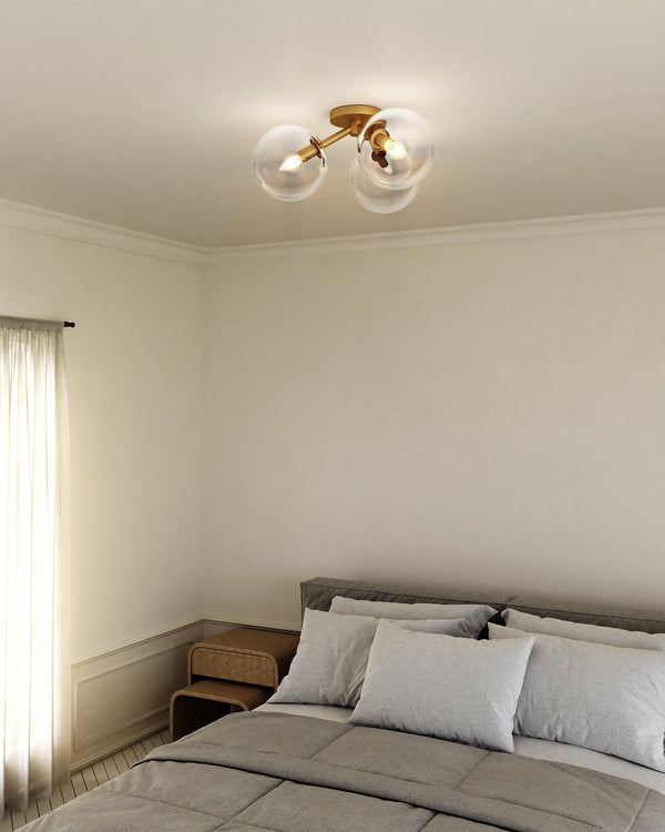 Venus 15" Three-Light Semi-Flush Ceiling Light, Aged Gold/Clear Glass