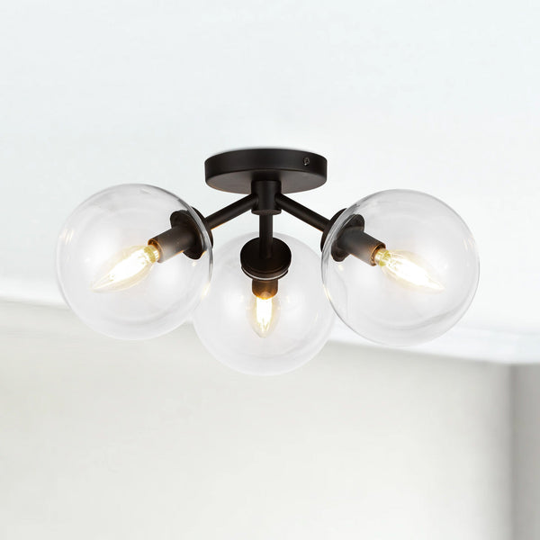 Venus 15" Three-Light Semi-Flush Ceiling Light, Matte Black/Clear Glass