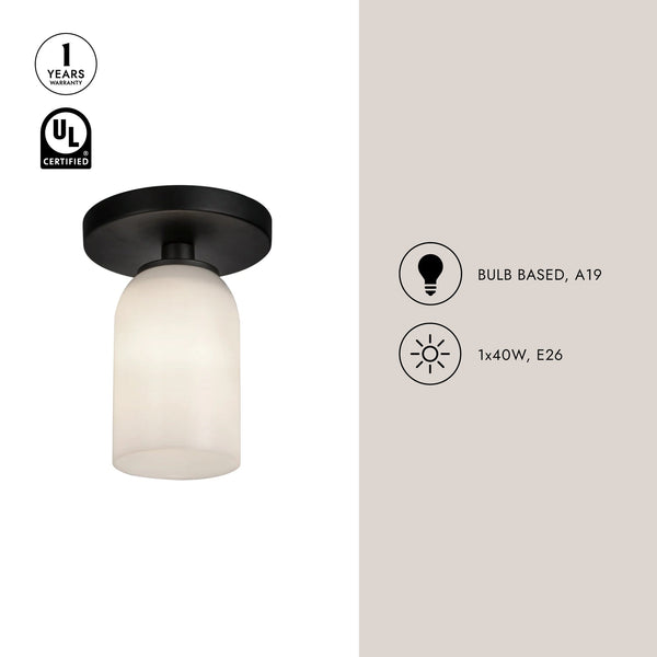 Solenne 4" Semi-Flush Ceiling Light, Black/Glossy Opal Glass