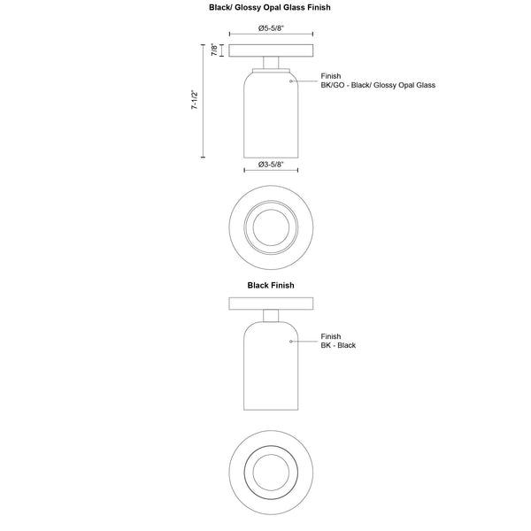 Solenne 4" Semi-Flush Ceiling Light, Black/Glossy Opal Glass