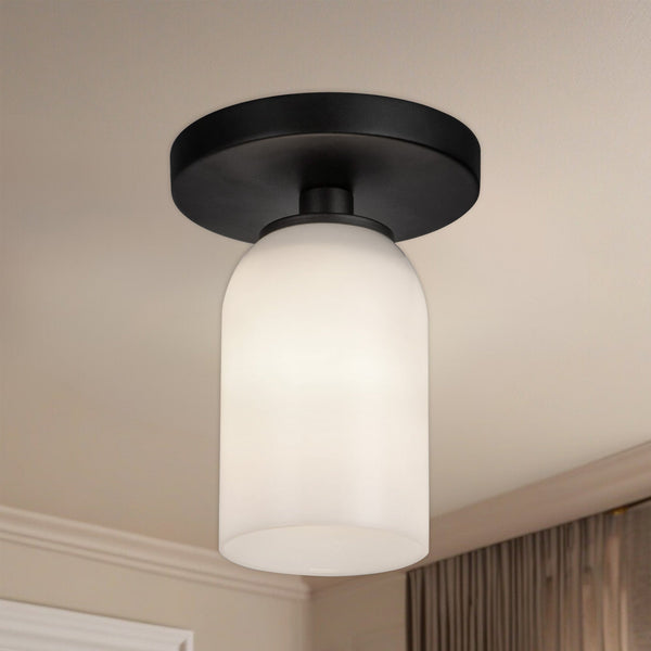 Solenne 4" Semi-Flush Ceiling Light, Black/Glossy Opal Glass