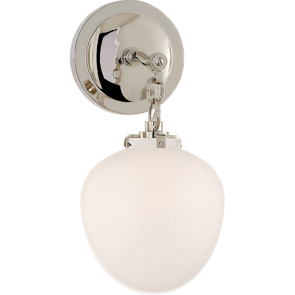 Katie 6" One Light Small Acorn Sconce, Polished Nickel / White Glass