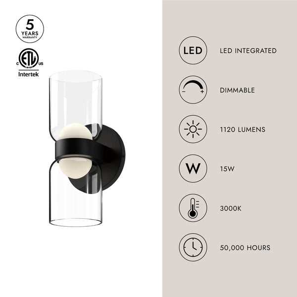 Kestrel 11" LED Wall Sconce, Black/Clear