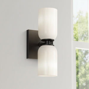 Sycamore 12" Two-Light Wall Sconce, Black/Glossy Opal Glass