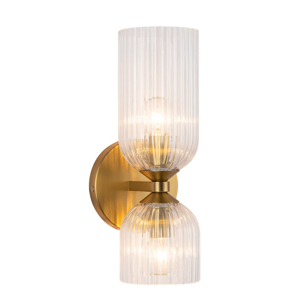 Safira 12" Vanity Wall Sconce, Brushed Gold/Clear Ribbed Glass