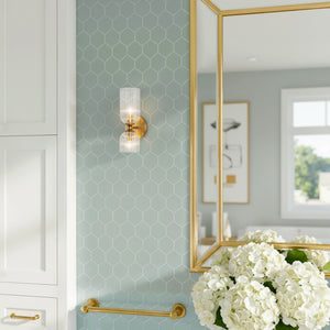 Safira 12" Vanity Wall Sconce, Brushed Gold/Clear Ribbed Glass