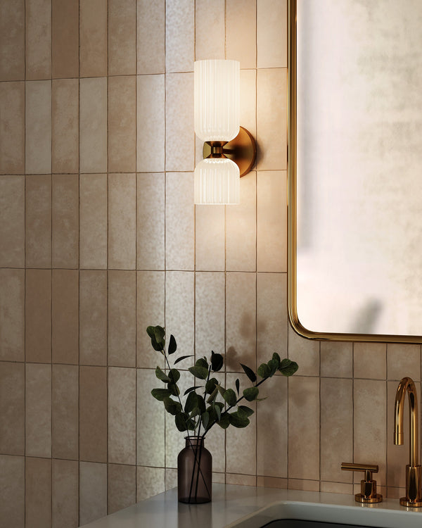 Safira 12" Vanity Wall Sconce, Brushed Gold/Glossy Ribbed Opal Glass