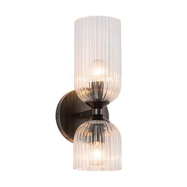 Safira 12" Vanity Wall Sconce, Matte Black/Clear Ribbed Glass